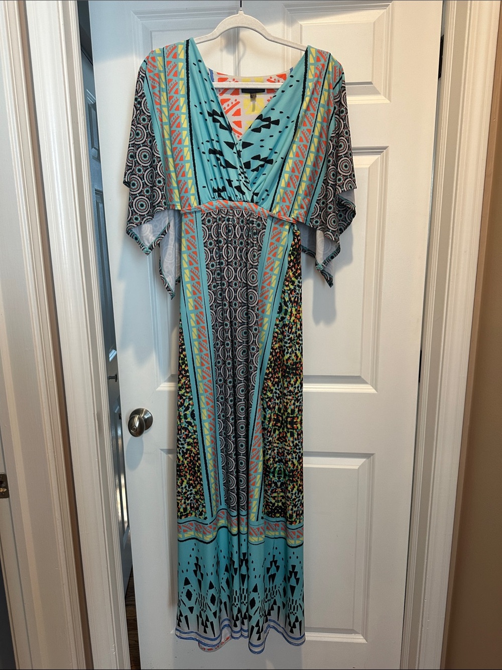 Aqua Patterned Boho Maxi Dress with V-neck and Flutter Sleeves
